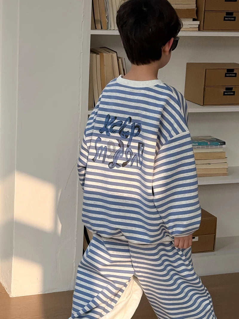 Spring Children's Clothes Boys' Tracksuit Kid's O-Neck Hoodie Set Girls' Korea Striped Letter Printed Sweatshirt 2Pcs Suit 4-6Y Unisex