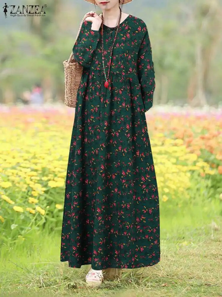 Floral Print Long Sleeve Maxi Dress Women Casual Loose Elegant Vintage Long Robes Holiday O neck High Waist Vestidos