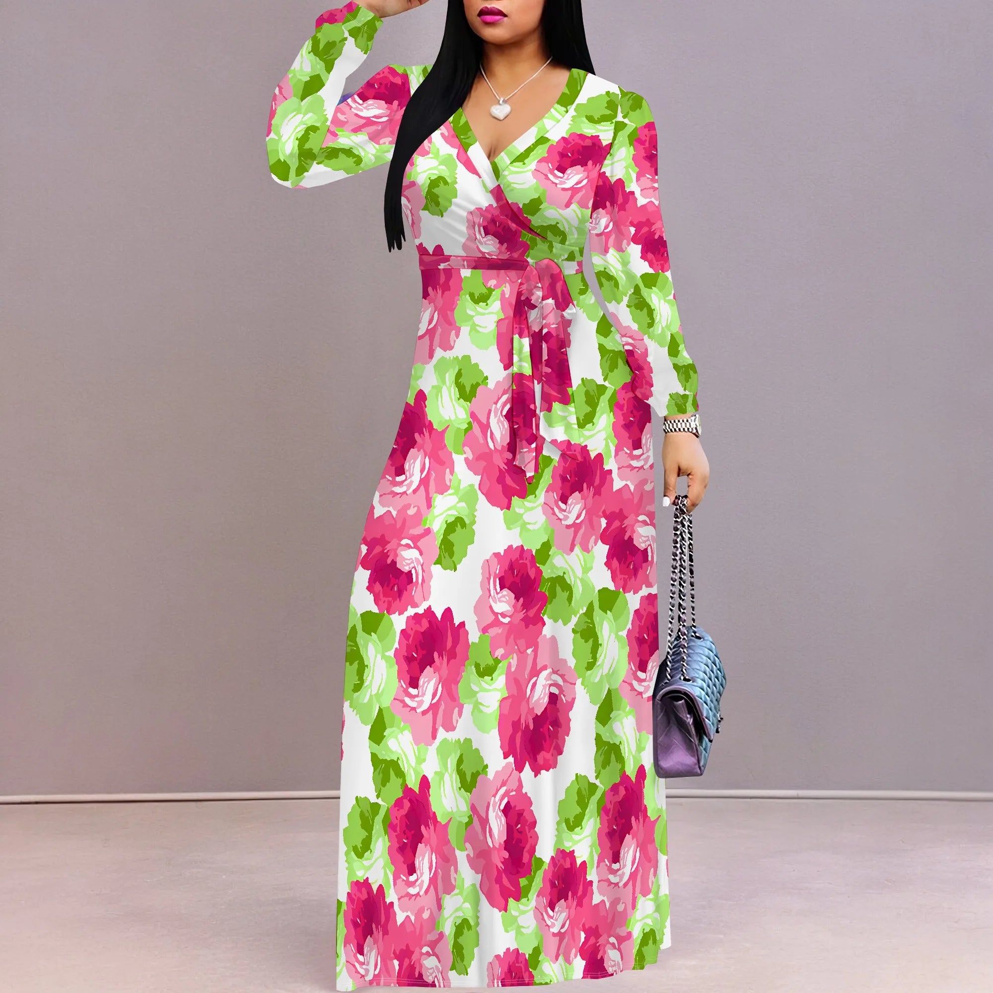 Pink Floral V-Neck Long Sleeve Maxi Dress Women Spring Summer Garden Style