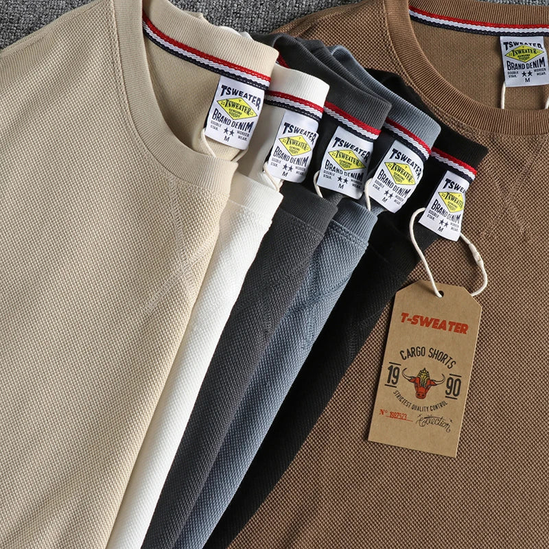 Zomer Nieuw Amerikaans Retro Waffle Microchapter T-shirt Herenmode Eenvoudig Gewassen Korte Mouw O-hals Casual Losse Jeugd Tops