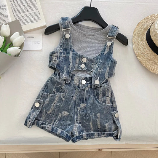 New Summer Girls Clothes 3PCS Set Kids Grey Pit Strip Vest + Ripped Denim Suit Children Fashion Outfit 4-6Y Unisex