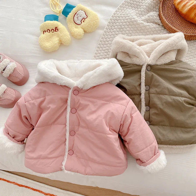 Winter Baby Girls Clothes Fur Lining Hoodie Jacket Cotton Fleece Boys Coat 7-36m Unisex
