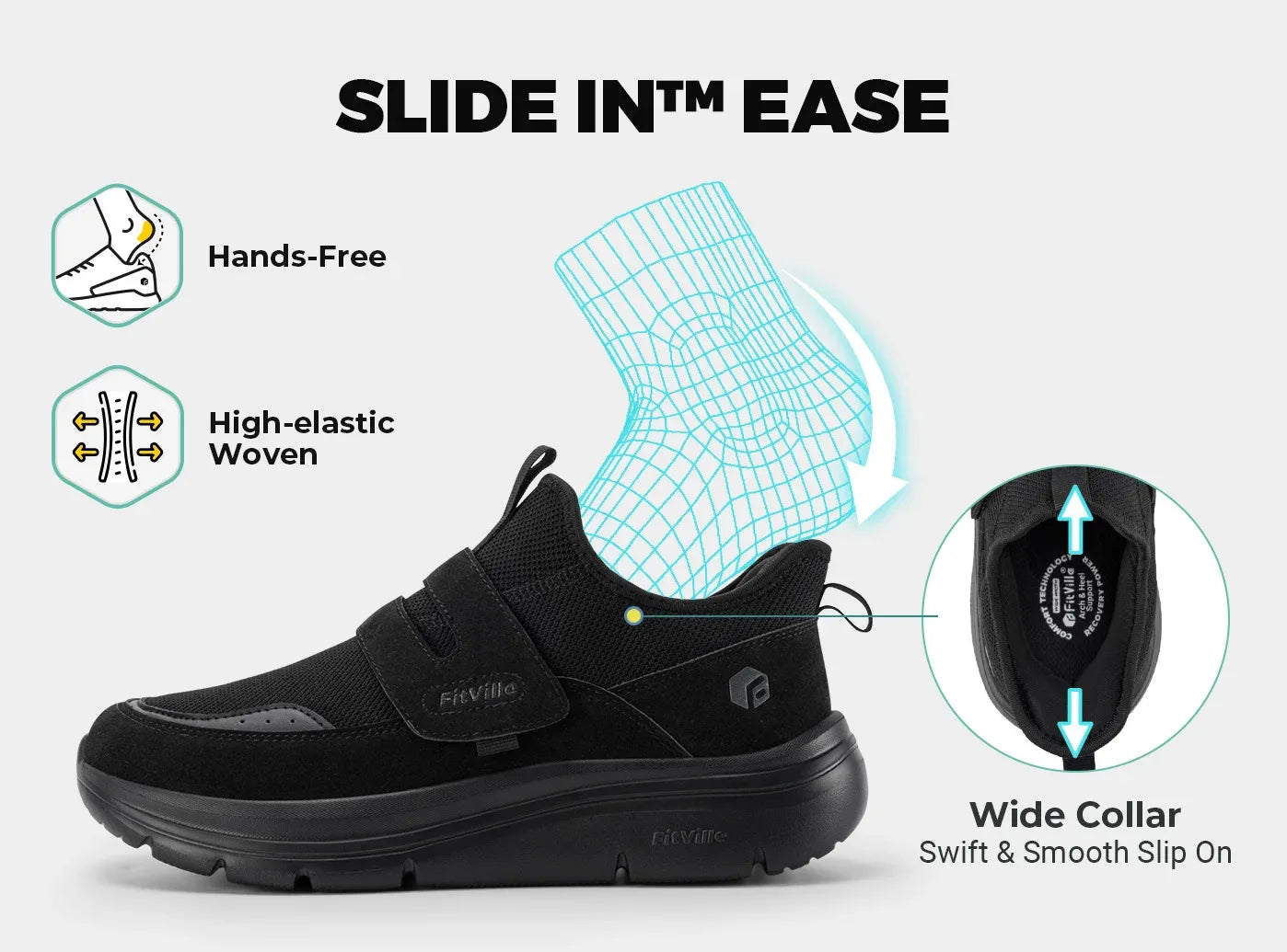 Heren sportschoenen, brede 2e, handsfree wandelschoenen, outdoor fitness, hardlopen, lichtgewicht, ademend, met boogondersteuning