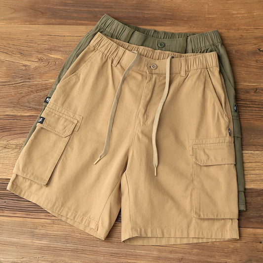 2025 Zomer Nieuwe Amerikaanse Retro Geweven Cargo Shorts Heren 100% Katoen Elastische Taille Trekkoord Casual Losse Rechte 5-punts Broek