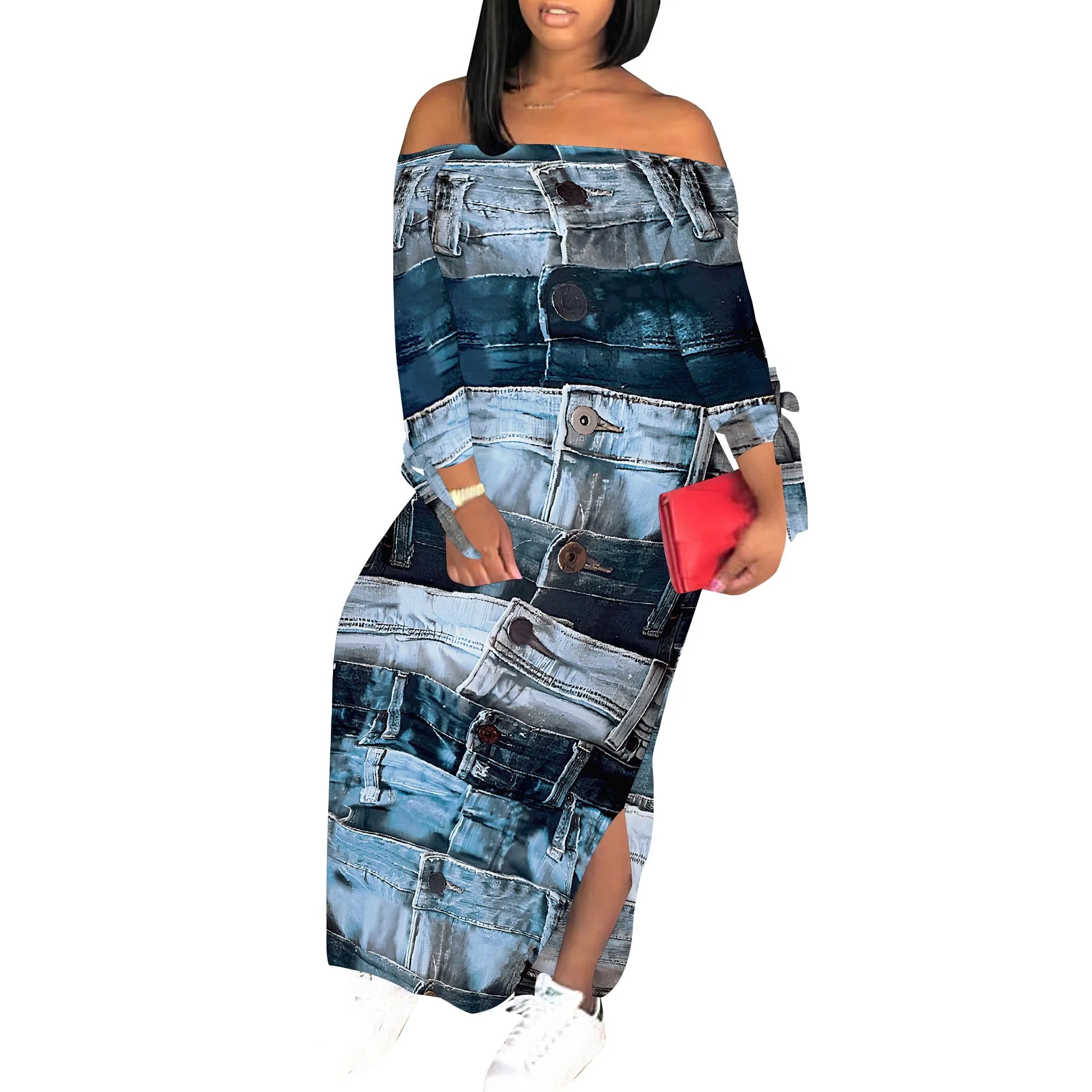 Denim Retro Print Long Sleeve Slim Fit Elegant Casual Slit One-Shoulder Neck Dress