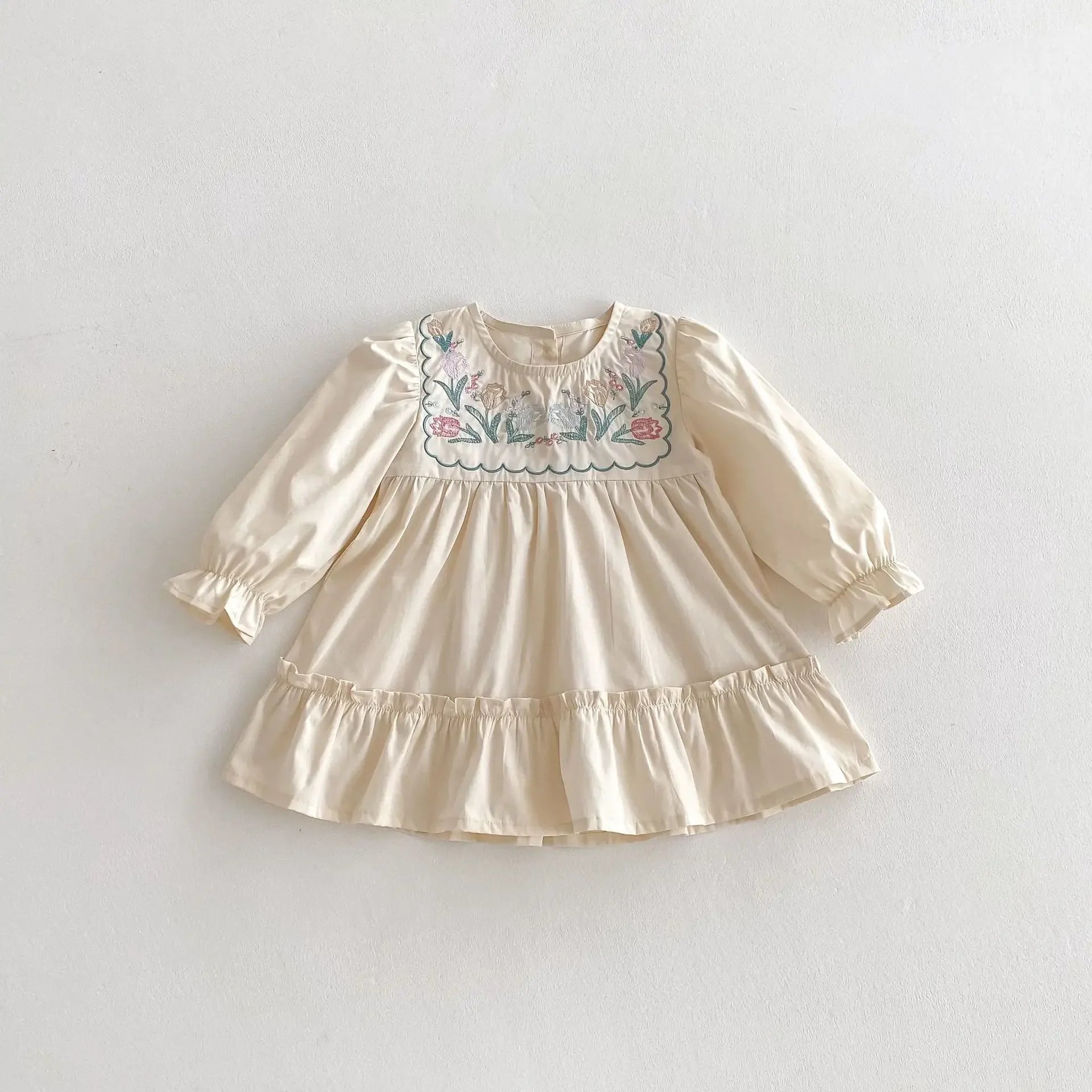 2025 Spring Children's Clothing Girls Casual Dress Puff Sleeved Embroidered Kid's O-neck Princess Dress 1-6Y Girls