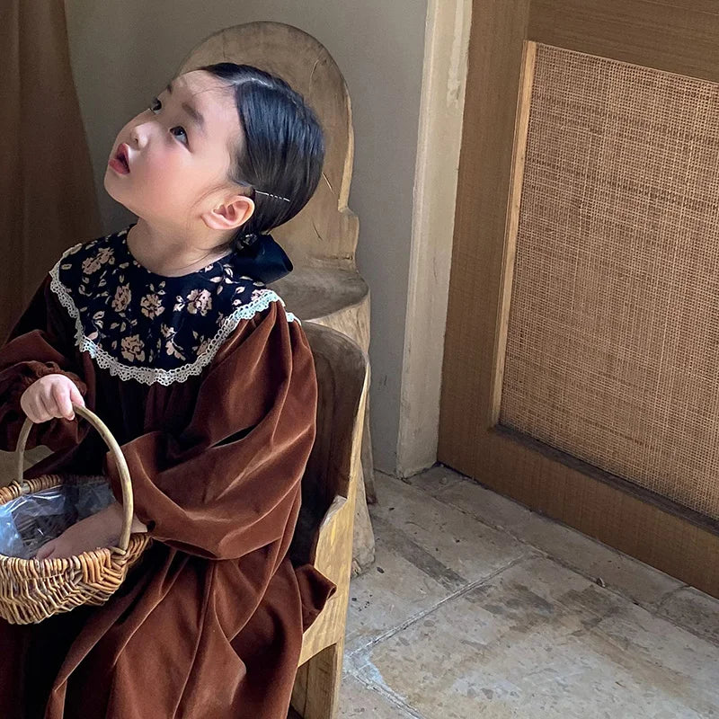 Autumn Velvet Vintage Style Kids Long Dress for Girls Floral Round Collar Princess Kids Clothes Dresses 2-6 Years