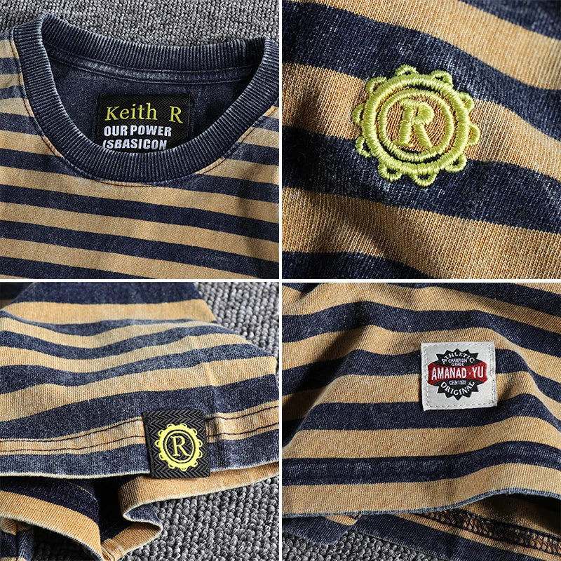 Summer New Japanese Retro Short Sleeve Striped T-shirt Men's Fashion 100% Cotton Slim Simple Round Neck Washed Old Casual Tops