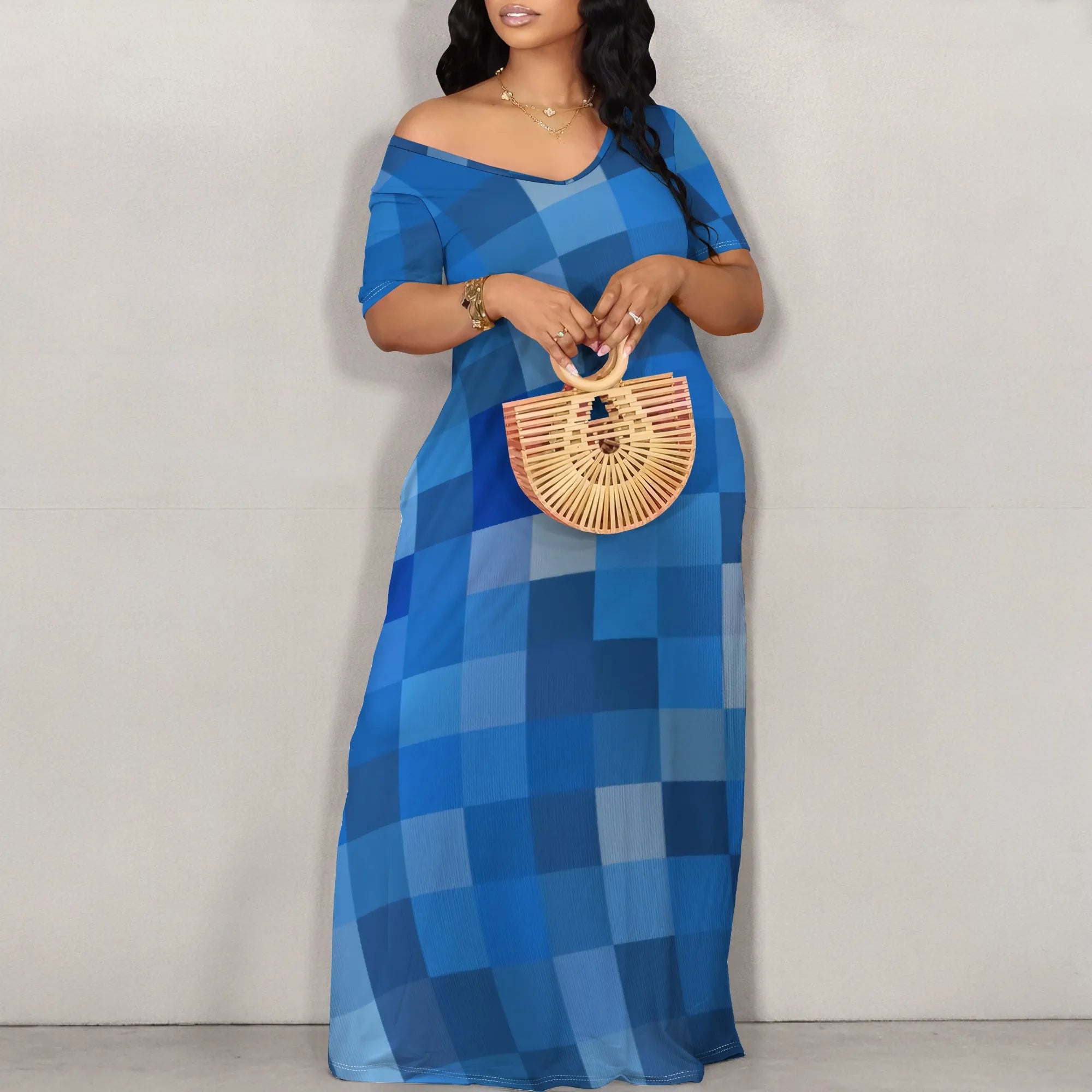 Summer Maxi Dress Women Off Shoulder Plaid Print Pocket Short Sleeve Dress