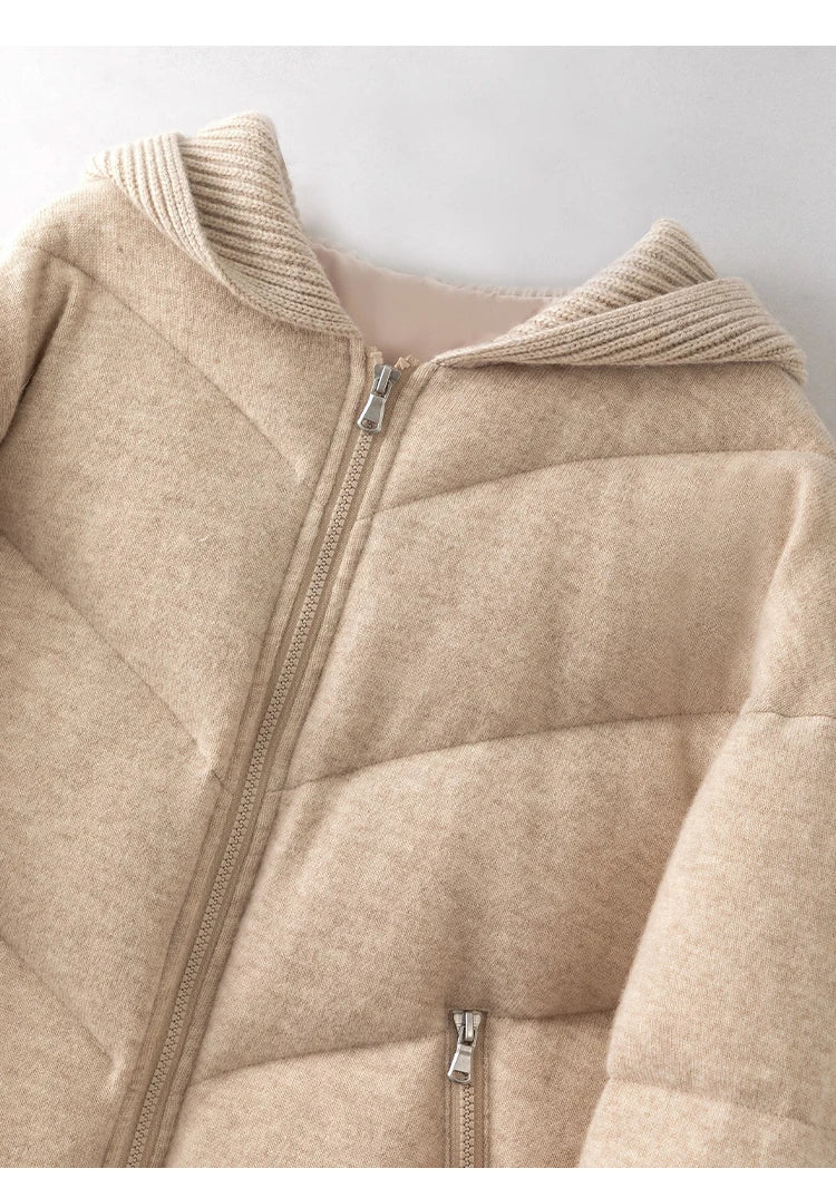 Women's Luxury Hooded Threaded Sleeve Down Coat, Warm Jacket For Ladies