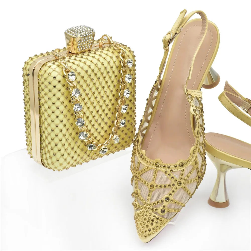 Hollow Design Trendy African Matching Shoes and Bags Italy Rhinestone Women Party Pumps for Women Elegant Wedding Shoes Bride