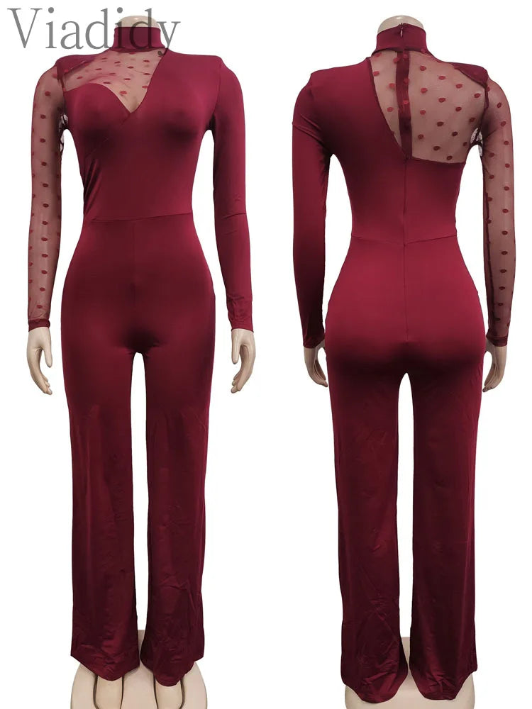Women Dot Mesh Patchwork Long Sleeve Straight Jumpsuit