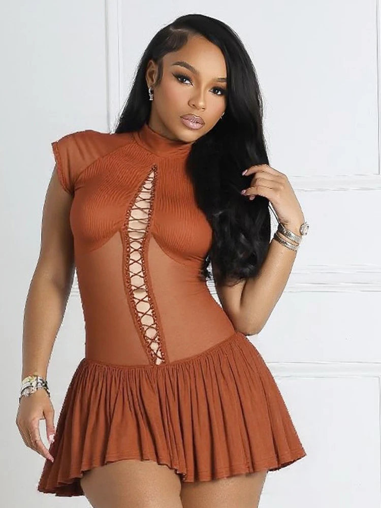 Hollow Sexy Dress Women o-Neck Coquette Sleeveless Patchwork Pleated Hem Halter Summer Midnight Clubwear Mini Bodycon