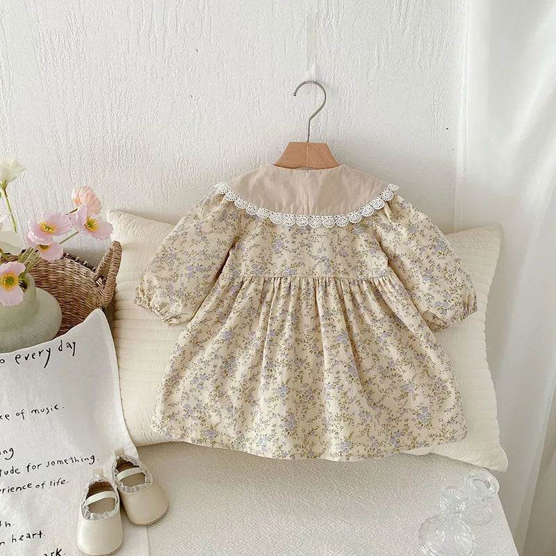 New Spring Girls Floral Dress Kids Cute Lace Doll Collar Princess Dress Children Sweet Flower Clothes For Kids 1-3Y Girls