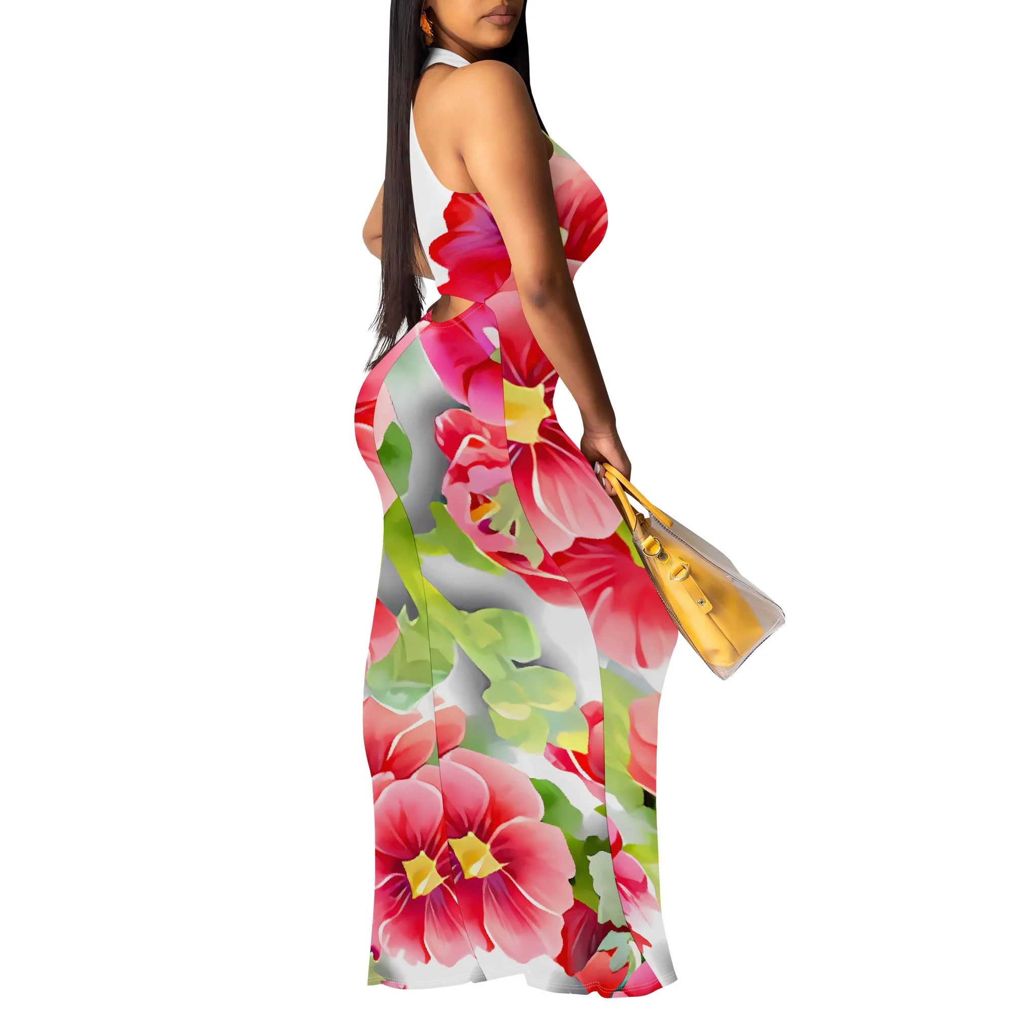 Summer Halter Neck Maxi Dress for Women Floral Print Bodycon Sleeveless Beach Party Outfit