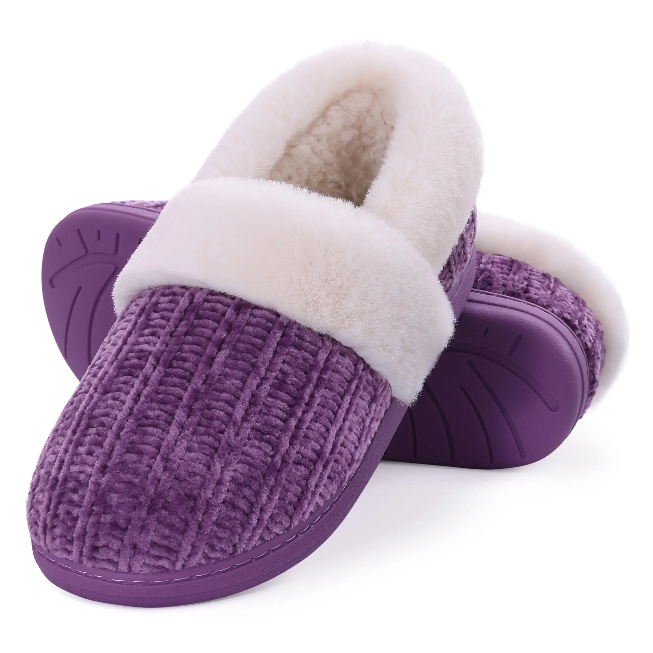 Women's Fleece Lined Warm House Cotton Slippers With Memory Foam and Non-Slip Cosy Fluffy Sole Plush Knit Slides Suitable For Bedroom Use