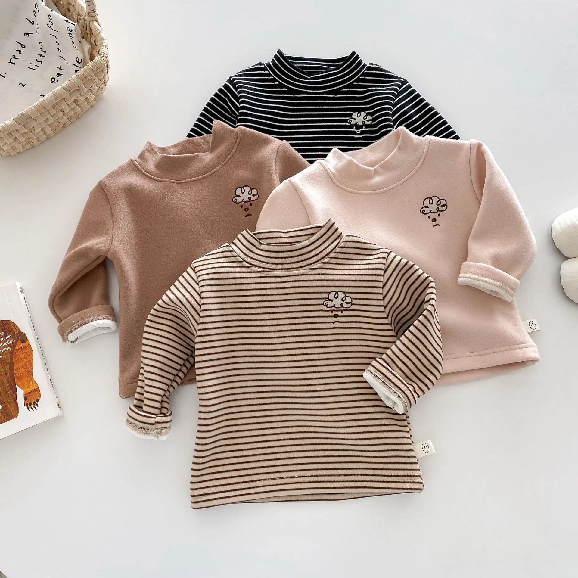 Herfst Kinder Basis Shirt Jongens Halve Turtleneck Warme Onderkant Tops Meisjes Bontvoering Geborduurde Gestreepte Blouse 0-5 Jaar Unisex