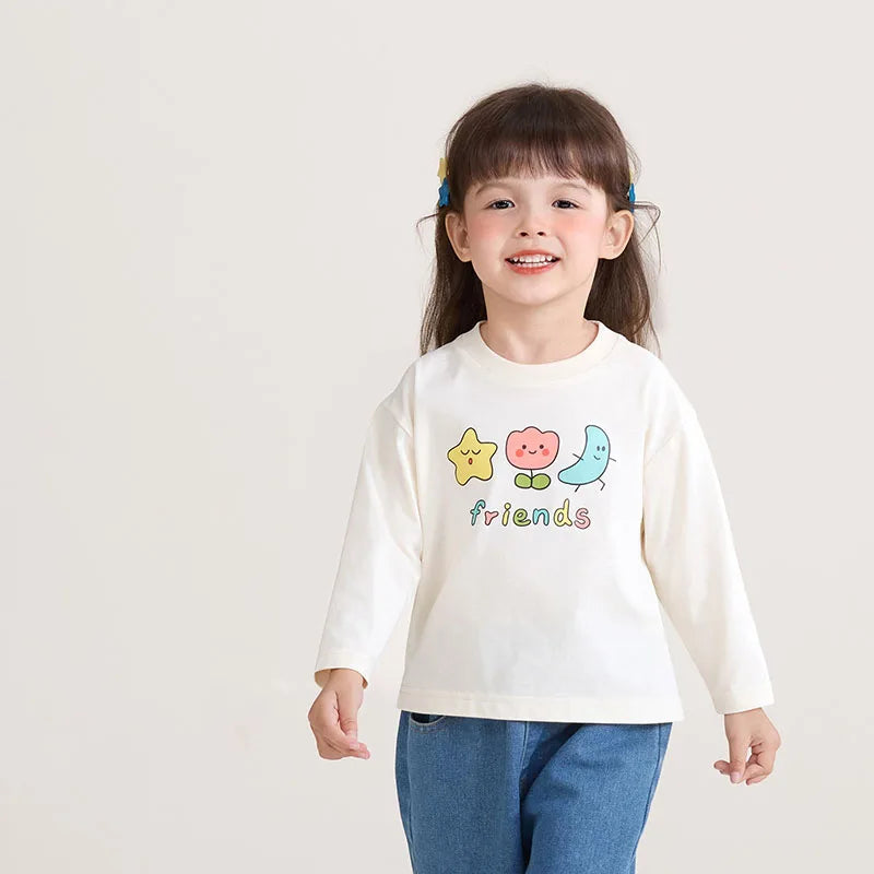 New Spring Girls Boys Cute T-shirt Kids Cartoon Letter Star Flower Undershirts Children Thin Style Bottoming Shirt 7T Unisex