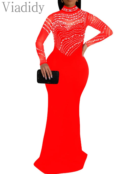 Sexy Mesh Patchwork Rhinestone Beads Floor Length Party Long Dress