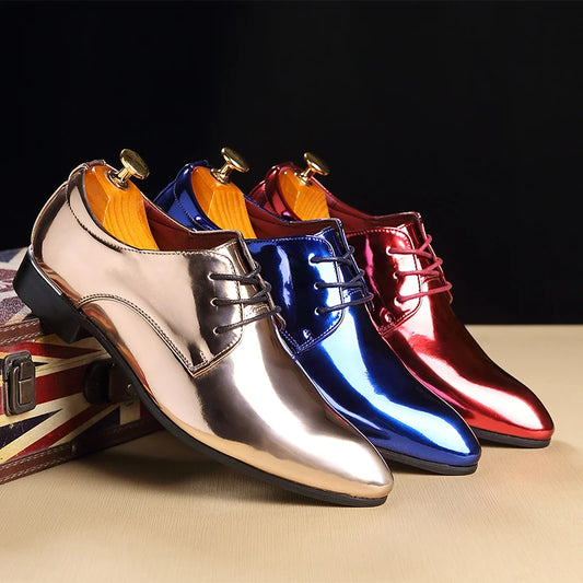 Italy Men Wedding Groom Formal Dress Evening Shoes Pointed Toe Male Gold Blue Red Party Oxfords Shoes