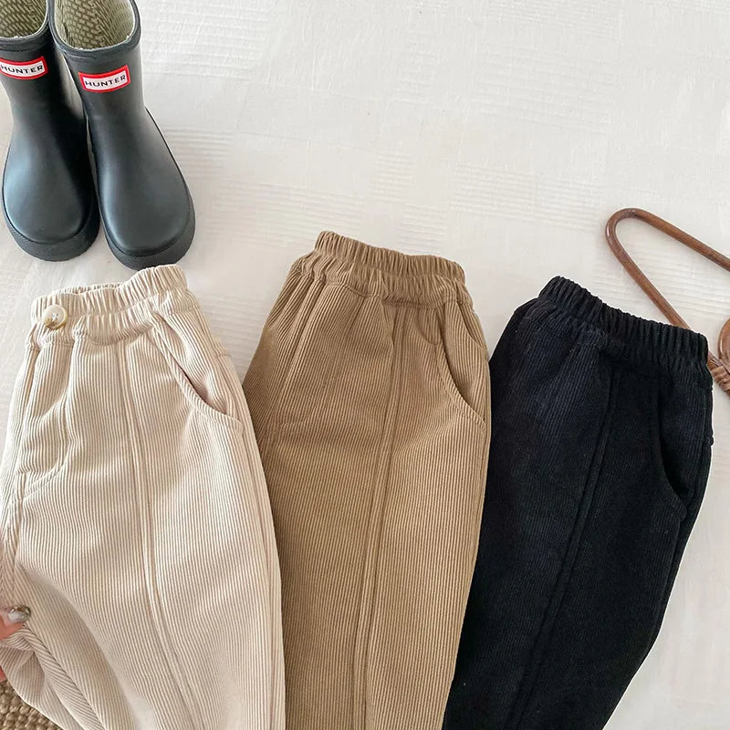 Winter Warm Kids Pants Fleece Lining Corduroy Fleece Boys Girls Trousers Outerwear Clothing 1-6Y Unisex