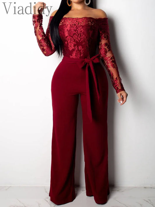 Off Shoulder Mesh Embroidery Long Sleeve Flare Jumpsuit With Belt
