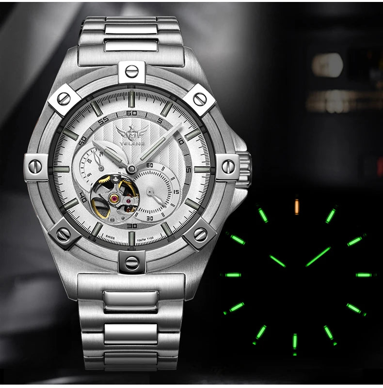 Yelang V1024 Men's 44mm Automatic Mechanical Watch Luminous 100m Water Resistant Japan Miyota 82S7 Movement Stainless Steel Band