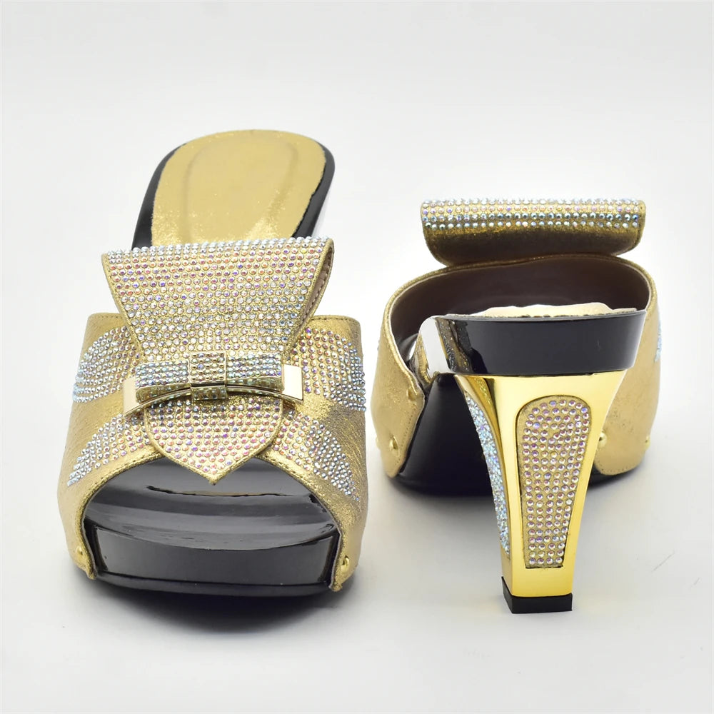 Gold Color Women Slippers Shoes African Women Wedding Shoes Elegant Italian Woman Shoes with Stone High Heels Woman Summer Pumps