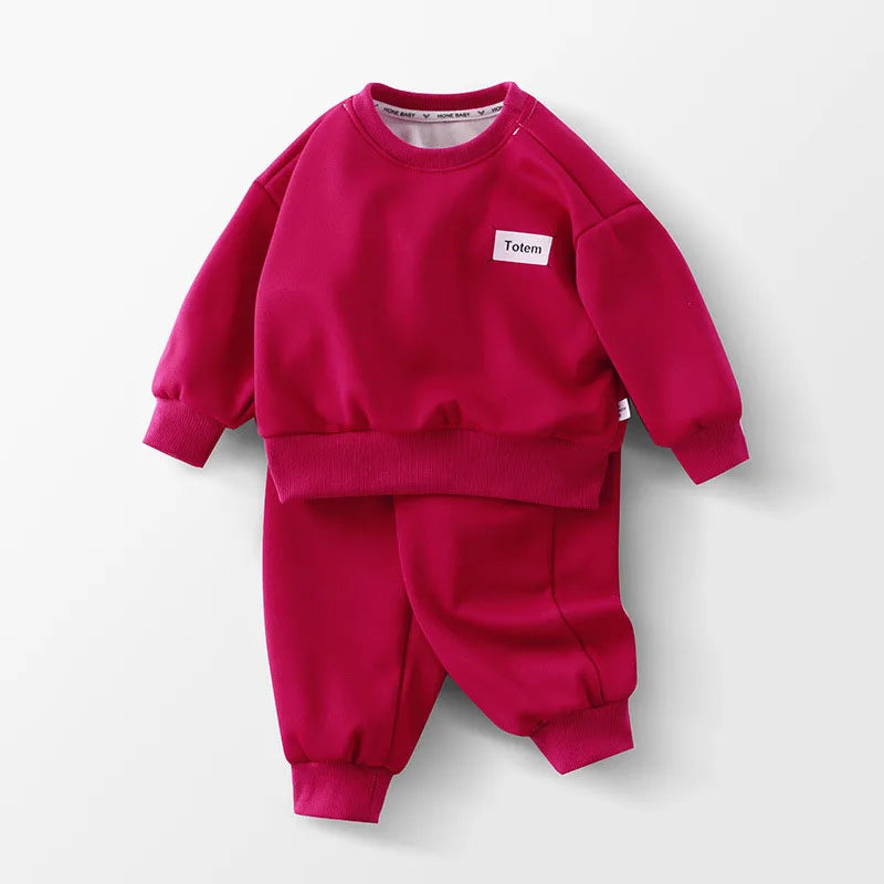 Kids Thicken Clothes Set Girls Cute Solid Colour Letters Sweatshirt + Pants Children Sports Suit Boys 2PCS Outwear 2-8T Unisex