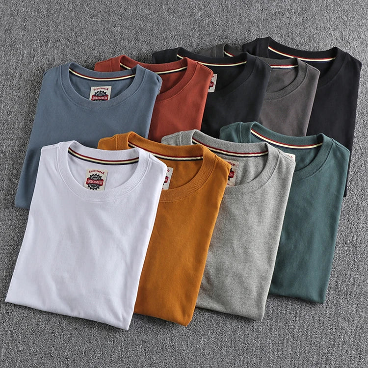 Summer New American Retro Short-sleeved O-neck Solid Color T-shirt Men's Fashion Simple 100% Cotton Washed Casual Sport Tops