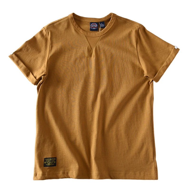 2025 Zomer Nieuw Amerikaans Retro Korte Mouw O-hals Effen Kleur T-shirt Heren Eenvoudige Mode 100% Katoen Gewassen Casual Jeugd Tops