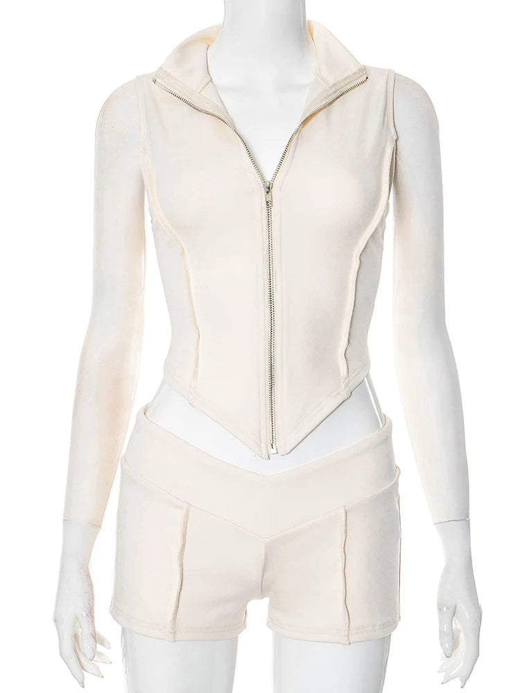 Lijnen Patchwork 2-delige set Dames Rits Cardigan Onregelmatige Crop Top + Skinny Peach Hip Shorts Eenvoudige Sportieve Straatkleding