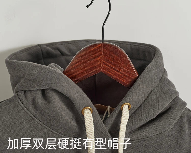 Autumn Winter American Retro Hooded Kangaroo Pocket Sweatershirts Men's Fashion Loose Casual Heavyweight Velvet Pullover Hoodies