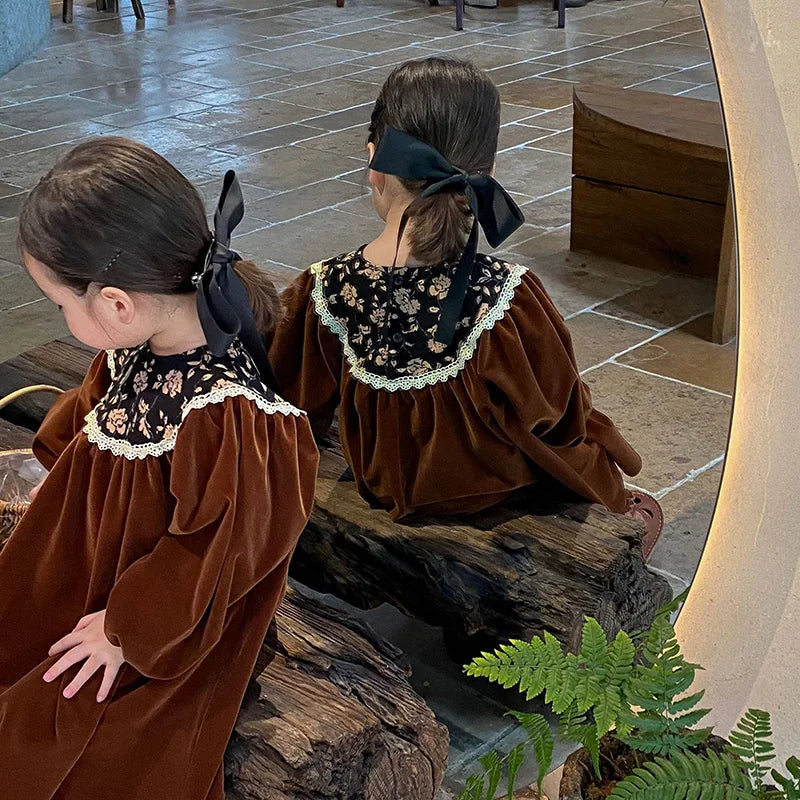 Autumn Velvet Vintage Style Kids Long Dress for Girls Floral Round Collar Princess Kids Clothes Dresses 2-6 Years