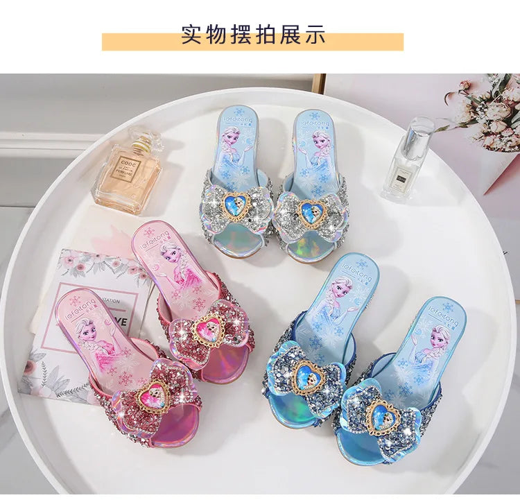 Zomersandalen voor meisjes, modieuze slippers met pailletten, prinsessenschoenen voor kinderen, hoge hakken, feestjurken, Elsa-schoenen, leren slippers voor meisjes