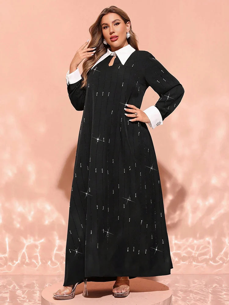 Women's New Plus Size Luxury Elegant Contrast Colour Turndown Collar Long Sleeve Maxi Loose Formal Arabian Party Dress