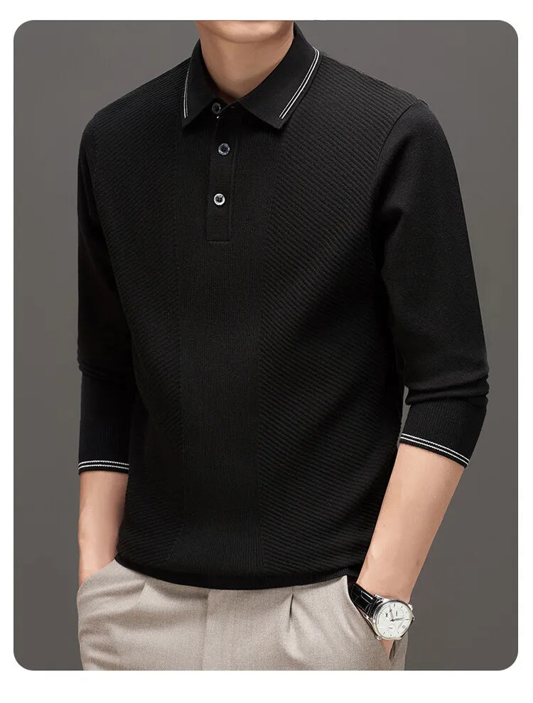 Men's Solid Colour Business Casual Polo Shirt, Suitable For Daily Commute, Pullover Sweater, Warm Knitted Long-Sleeved Cardigan