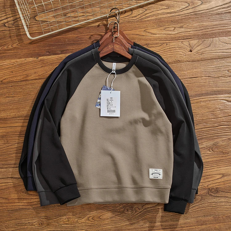 Herfst Nieuwe Amerikaanse Retro Tweekleurige Stiksels Hoodies Heren Gewassen O-hals Trui Gebreide Raglanmouwen Casual Sweatshirts