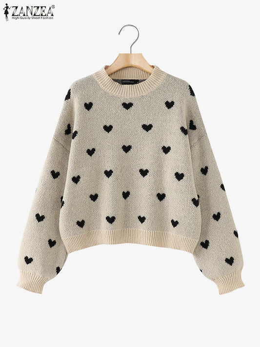 Women Loose Knitted Sweaters 2025 Spring Autumn Lantern Sleeve O Neck Heart Pattern Pullovers Streetwear Stylish Tops