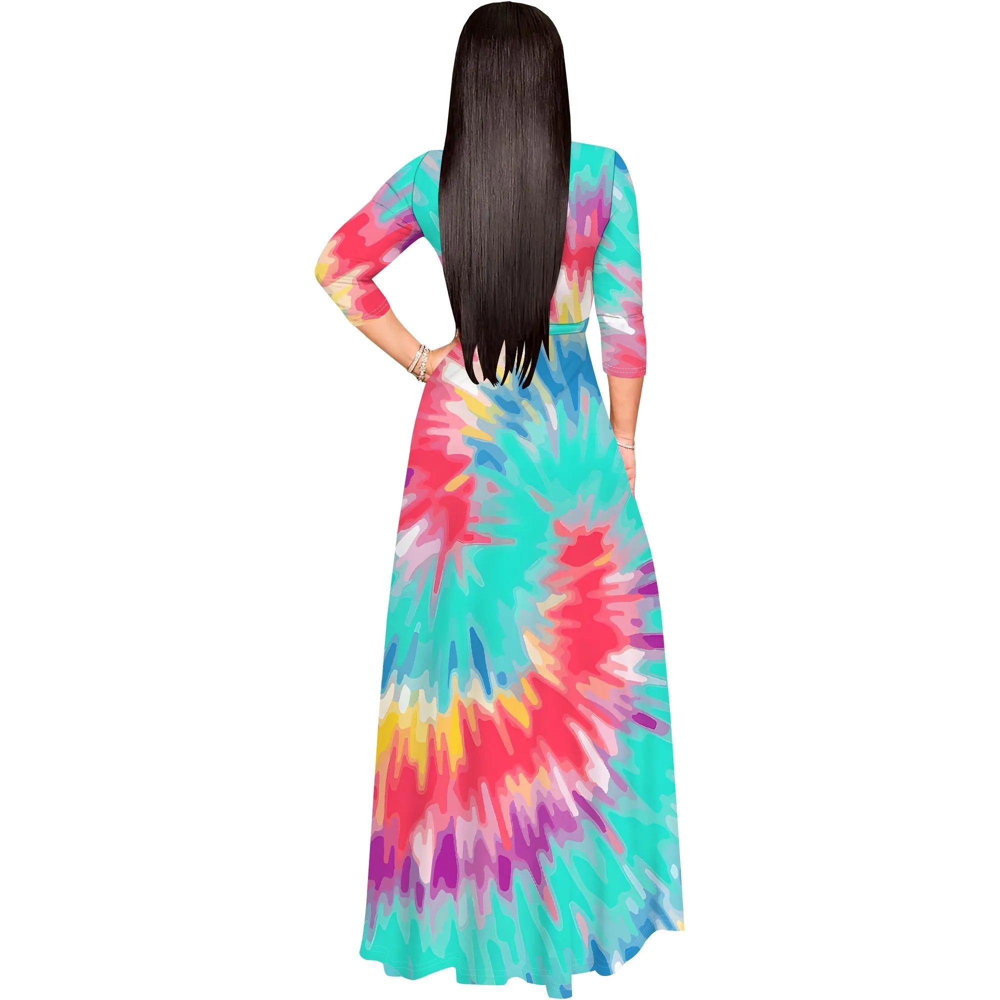 Colorful Tie-Dye V-Neck 3/4 Sleeve Wrap Maxi Dress with Belt - Women's Bold Bohemian Party Evening Resortwear