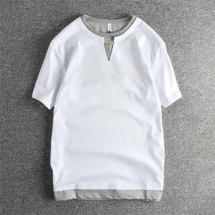 2025 Summer American Retro Short Sleeve V-neck Fake Two Pieces Solid Color T-shirt Men's 100% Cotton Washed Youth Casual Tops