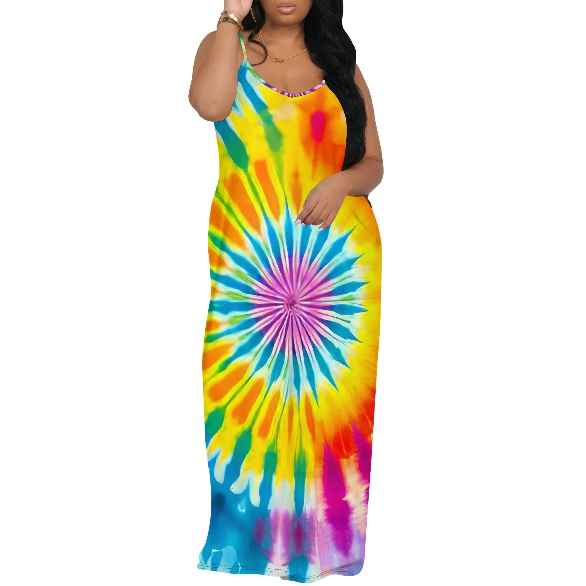 Colorful Tie Dye Maxi Dress for Women Summer Spaghetti Strap Sleeveless Vacation Dress