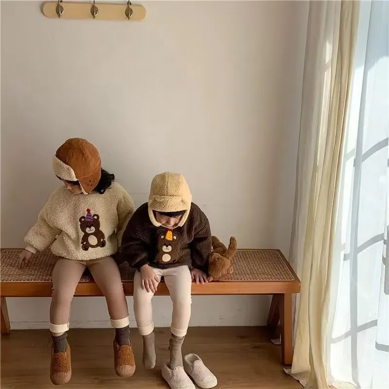 New Autumn Kids Leggings Girls Cute Bear Fur Padded Skinny Pants Children Warm Cartoon Elastic Leggings 4-6Y Girls