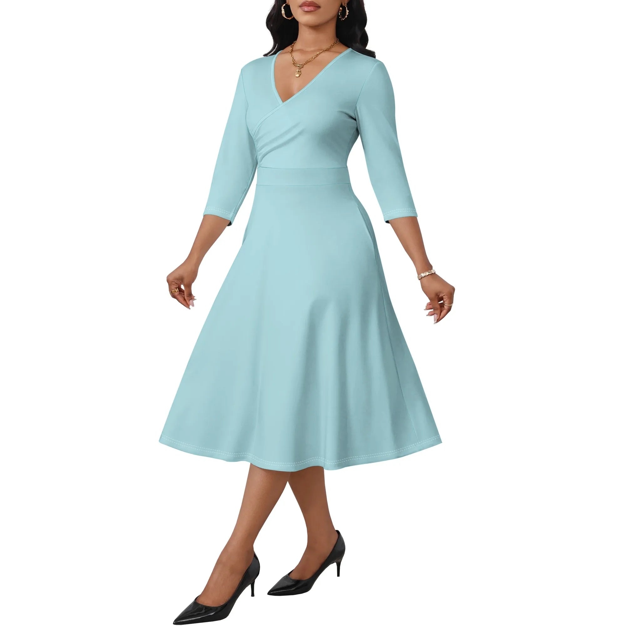 Ladies' casual flared midi dress, wedding guest cocktail tea party dress, A-line swing V-neck, three-quarter sleeves.