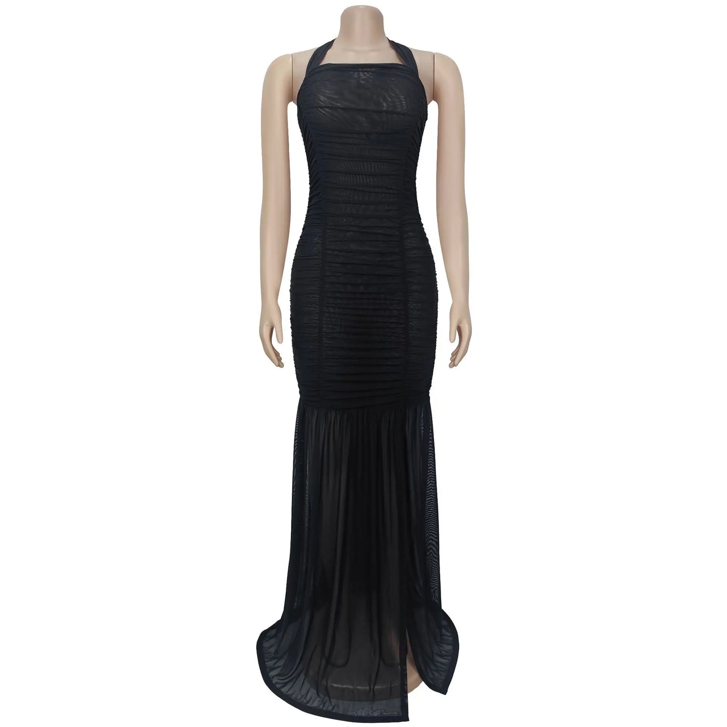 Women's Sexy Summer See Through Sheer Mesh Slit Solid Color Halter Dress Ruched Mermaid Pleated Mermaid Party Dress