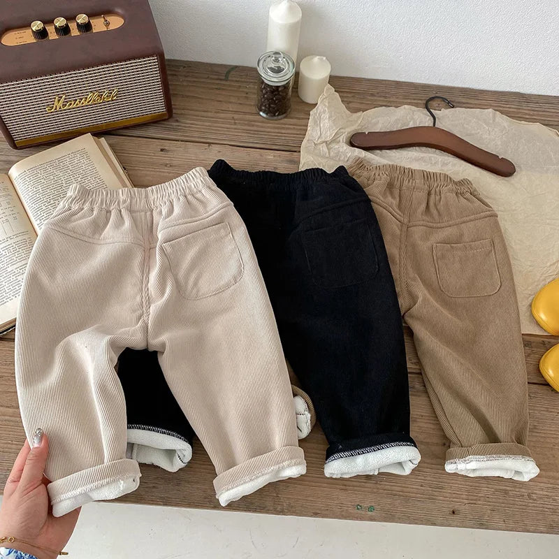 Winter Warm Kids Pants Fleece Lining Corduroy Fleece Boys Girls Trousers Outerwear Clothing 1-6Y Unisex
