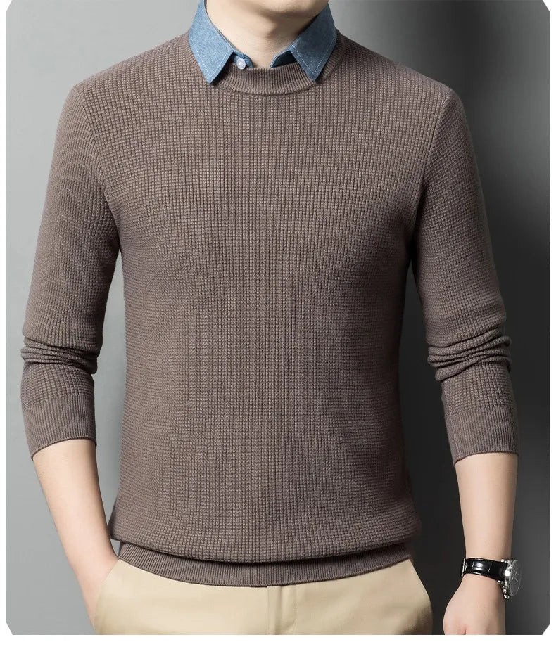 Men's Top Grade Fake Two Collared Fashion, Designer Knitted Pullover Sweater, Casual Brand Slim Fit Male Jumpers
