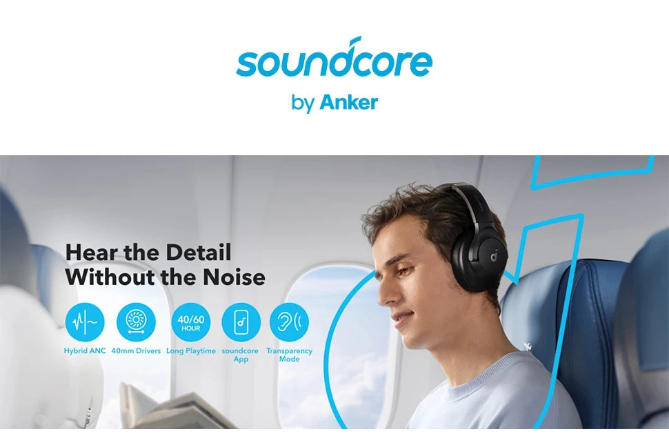 Soundcore by Anker Q20i Hybrid Active Noise Cancelling Headphones Wireless Over-Ear Bluetooth 40H Long ANC Playtime