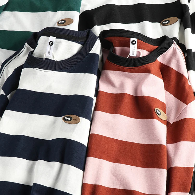 2024 Autumn New American Retro Long Sleeve O-neck Micro Chapter Striped T-shirt Men's Fashion 100% Cotton Washed Casual Tops