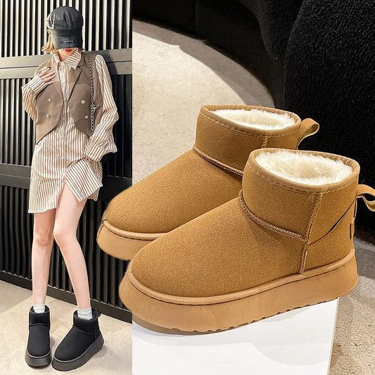 Women's New Classic Plush Warm Cotton Ankle Boots Flat Bottom Suede Fur Winter Snow Boots Comfortable Short Thickened Fluff